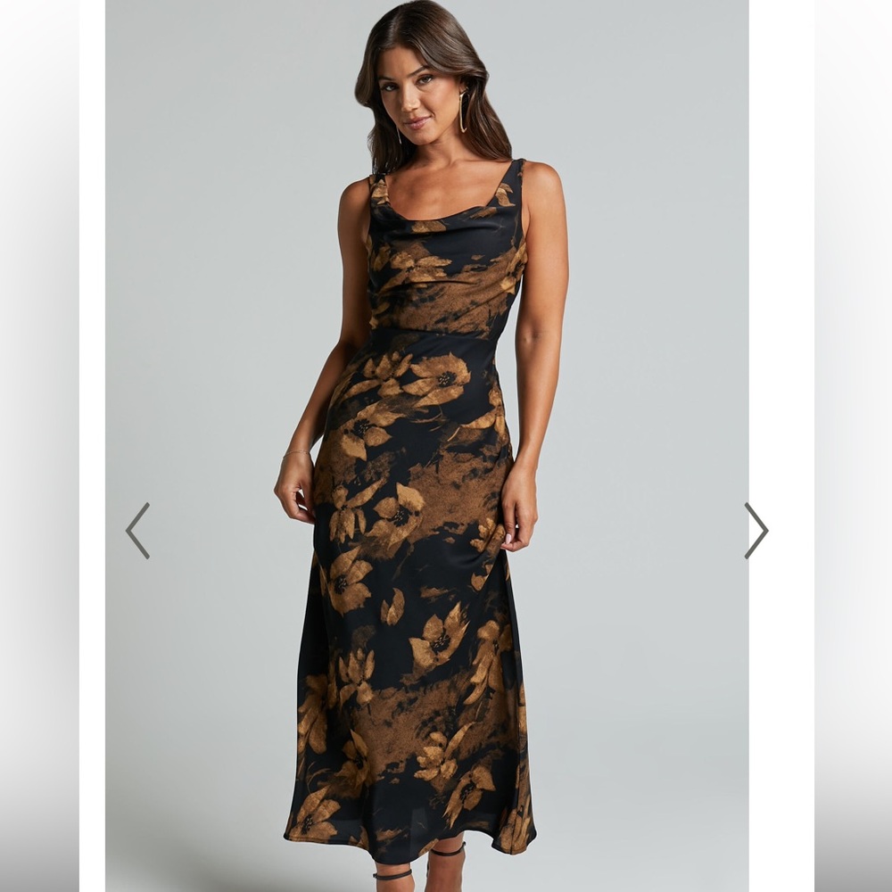 DARA MIDI DRESS - LOW NECK SLEEVELESS SLIP DRESS IN AMBER FLORAL PRINT